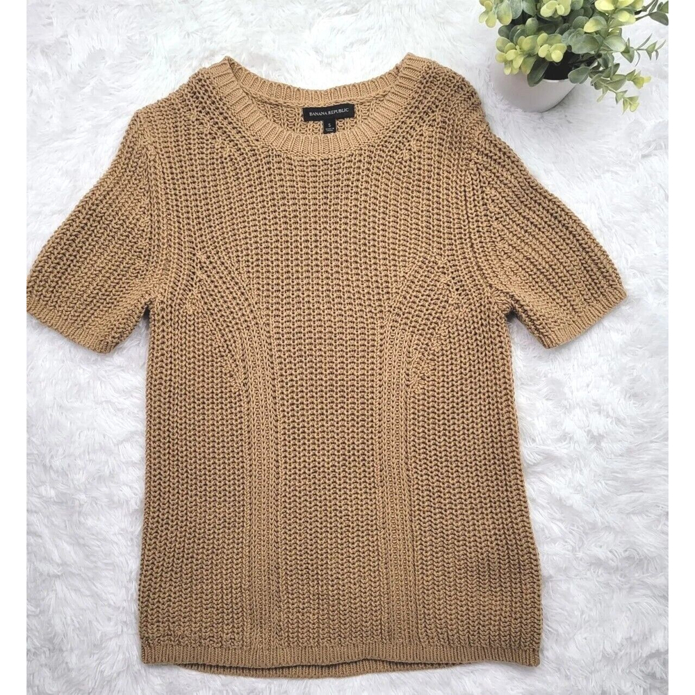 [264] Banana Republic Women's Size S Beige Knit Short Sleeve Sweater